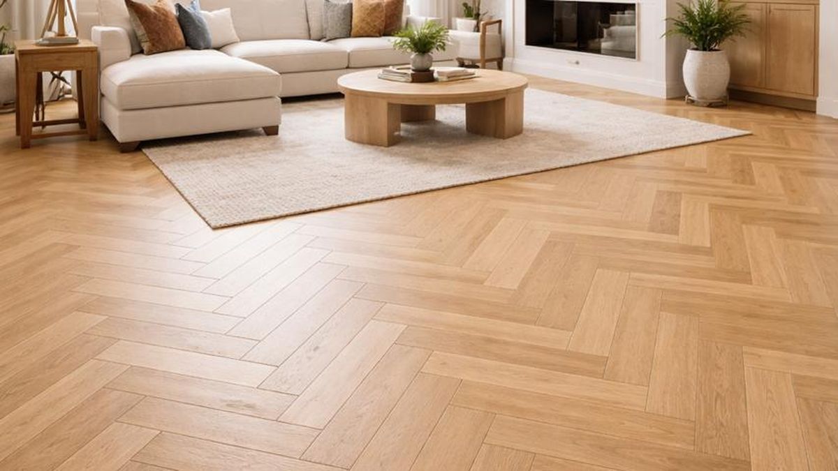 Herringbone pattern oak flooring in modern living room